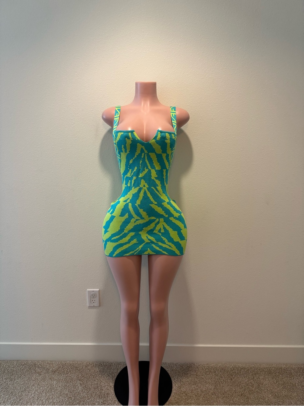Fashion Nova Neon Green & Teal Zebra-Print Slip Dress